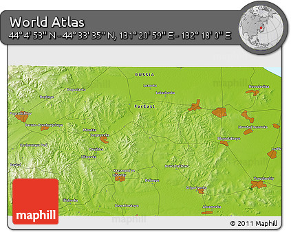 Physical 3D Map of the Area around 44° 19' 14" N, 131° 49' 29" E