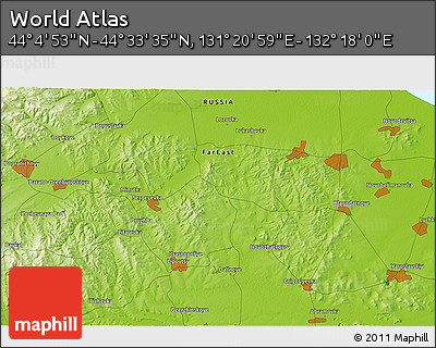 Physical 3D Map of the Area around 44° 19' 14" N, 131° 49' 29" E