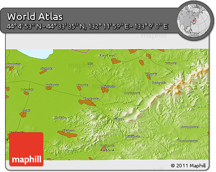 Physical 3D Map of the Area around 44° 19' 14" N, 132° 40' 30" E