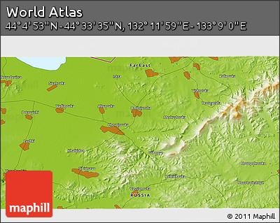 Physical 3D Map of the Area around 44° 19' 14" N, 132° 40' 30" E