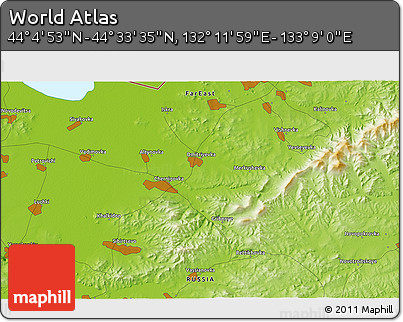 Physical 3D Map of the Area around 44° 19' 14" N, 132° 40' 30" E