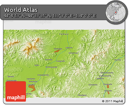 Physical 3D Map of the Area around 44° 19' 14" N, 133° 31' 30" E