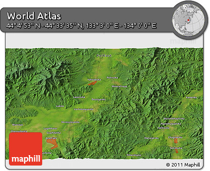 Satellite 3D Map of the Area around 44° 19' 14" N, 133° 31' 30" E