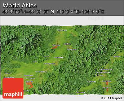 Satellite 3D Map of the Area around 44° 19' 14" N, 133° 31' 30" E
