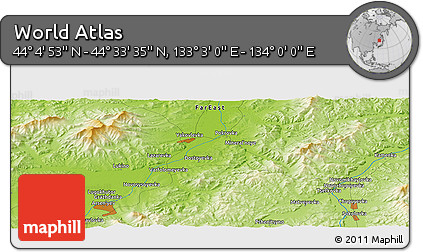 Physical Panoramic Map of the Area around 44° 19' 14" N, 133° 31' 30" E