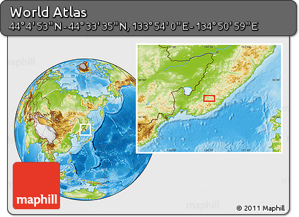 Physical Location Map of the Area around 44° 19' 14" N, 134° 22' 30" E