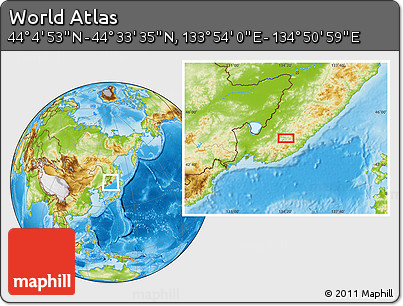 Physical Location Map of the Area around 44° 19' 14" N, 134° 22' 30" E