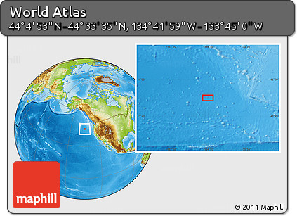 Physical Location Map of the Area around 44° 19' 14" N, 134° 13' 29" W