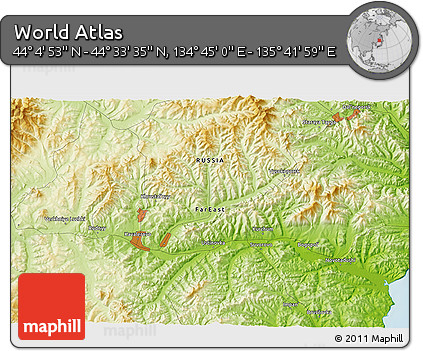 Physical 3D Map of the Area around 44° 19' 14" N, 135° 13' 29" E
