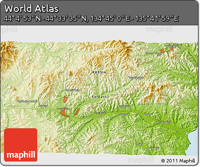 Physical 3D Map of the Area around 44° 19' 14" N, 135° 13' 29" E