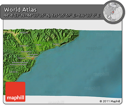 Satellite 3D Map of the Area around 44° 19' 14" N, 136° 4' 29" E