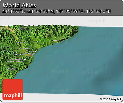 Satellite 3D Map of the Area around 44° 19' 14" N, 136° 4' 29" E