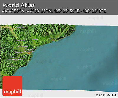 Satellite 3D Map of the Area around 44° 19' 14" N, 136° 4' 29" E
