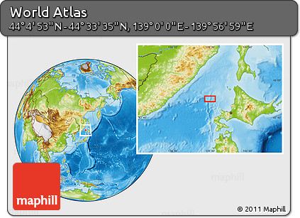 Physical Location Map of the Area around 44° 19' 14" N, 139° 28' 29" E