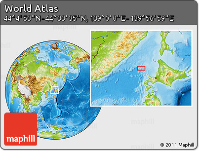 Physical Location Map of the Area around 44° 19' 14" N, 139° 28' 29" E