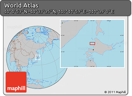 Gray Location Map of the Area around 44° 19' 14" N, 141° 10' 30" E