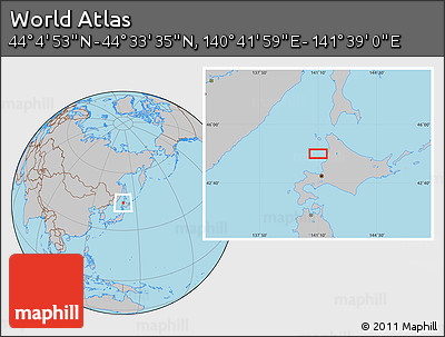 Gray Location Map of the Area around 44° 19' 14" N, 141° 10' 30" E