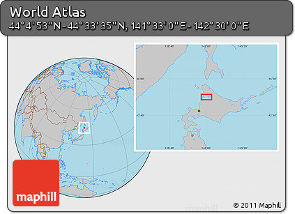 Gray Location Map of the Area around 44° 19' 14" N, 142° 1' 30" E