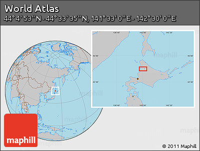 Gray Location Map of the Area around 44° 19' 14" N, 142° 1' 30" E