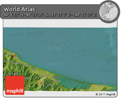 Satellite 3D Map of the Area around 44° 19' 14" N, 143° 43' 29" E