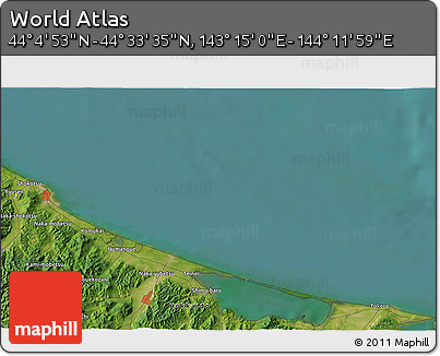 Satellite 3D Map of the Area around 44° 19' 14" N, 143° 43' 29" E