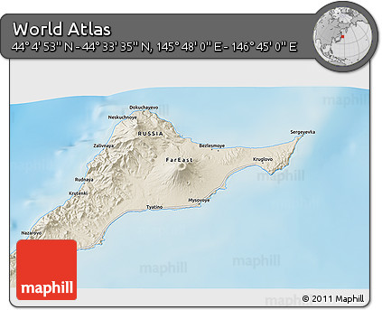 Shaded Relief 3D Map of the Area around 44° 19' 14" N, 146° 16' 30" E