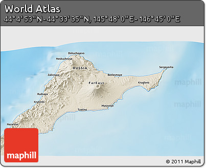 Shaded Relief 3D Map of the Area around 44° 19' 14" N, 146° 16' 30" E