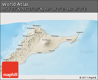 Shaded Relief 3D Map of the Area around 44° 19' 14" N, 146° 16' 30" E