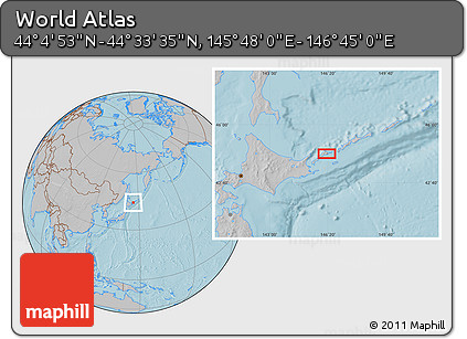 Gray Location Map of the Area around 44° 19' 14" N, 146° 16' 30" E, hill shading