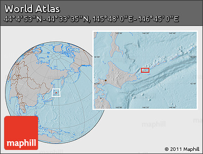 Gray Location Map of the Area around 44° 19' 14" N, 146° 16' 30" E, hill shading