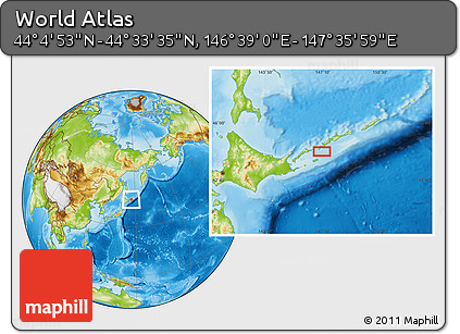 Physical Location Map of the Area around 44° 19' 14" N, 147° 7' 30" E