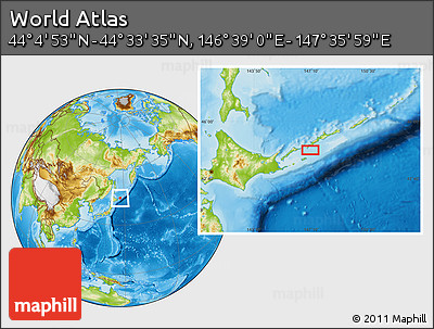 Physical Location Map of the Area around 44° 19' 14" N, 147° 7' 30" E