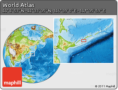 Physical Location Map of the Area around 44° 19' 14" N, 147° 7' 30" E