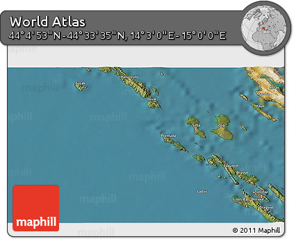 Satellite 3D Map of the Area around 44° 19' 14" N, 14° 31' 30" E