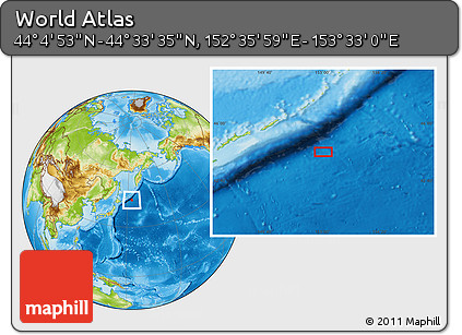 Physical Location Map of the Area around 44° 19' 14" N, 153° 4' 29" E