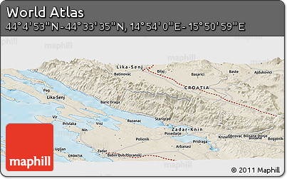 Shaded Relief Panoramic Map of the Area around 44° 19' 14" N, 15° 22' 30" E