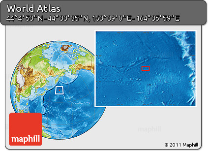 Physical Location Map of the Area around 44° 19' 14" N, 164° 7' 30" E