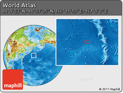 Physical Location Map of the Area around 44° 19' 14" N, 166° 40' 30" E