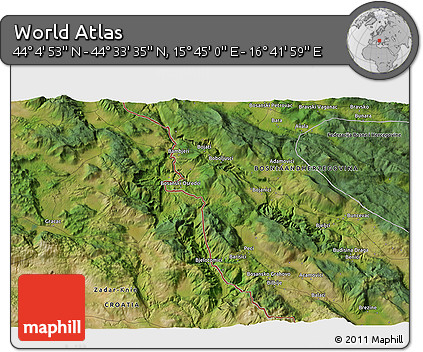 Satellite 3D Map of the Area around 44° 19' 14" N, 16° 13' 30" E