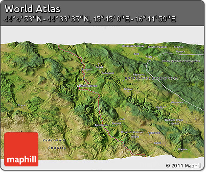 Satellite 3D Map of the Area around 44° 19' 14" N, 16° 13' 30" E