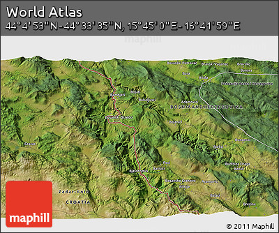 Satellite 3D Map of the Area around 44° 19' 14" N, 16° 13' 30" E