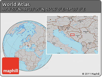 Gray Location Map of the Area around 44° 19' 14" N, 17° 4' 30" E