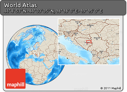 Shaded Relief Location Map of the Area around 44° 19' 14" N, 18° 46' 29" E