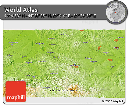 Physical 3D Map of the Area around 44° 19' 14" N, 20° 28' 30" E