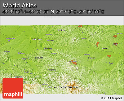 Physical 3D Map of the Area around 44° 19' 14" N, 20° 28' 30" E