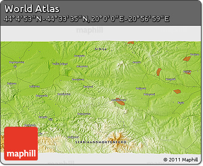 Physical 3D Map of the Area around 44° 19' 14" N, 20° 28' 30" E