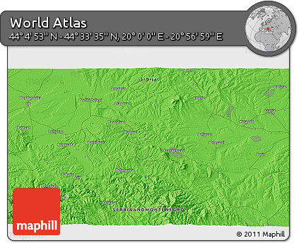 Political 3D Map of the Area around 44° 19' 14" N, 20° 28' 30" E