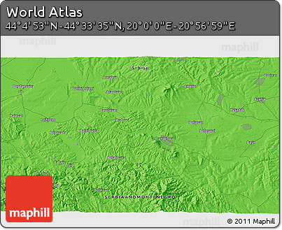 Political 3D Map of the Area around 44° 19' 14" N, 20° 28' 30" E