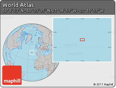 Gray Location Map of the Area around 44° 19' 14" N, 21° 10' 29" W