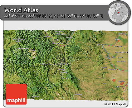 Satellite 3D Map of the Area around 44° 19' 14" N, 22° 10' 29" E